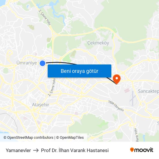 Yamanevler to Prof Dr. İlhan Varank Hastanesi map