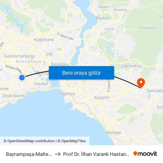 Bayrampaşa-Maltepe to Prof Dr. İlhan Varank Hastanesi map