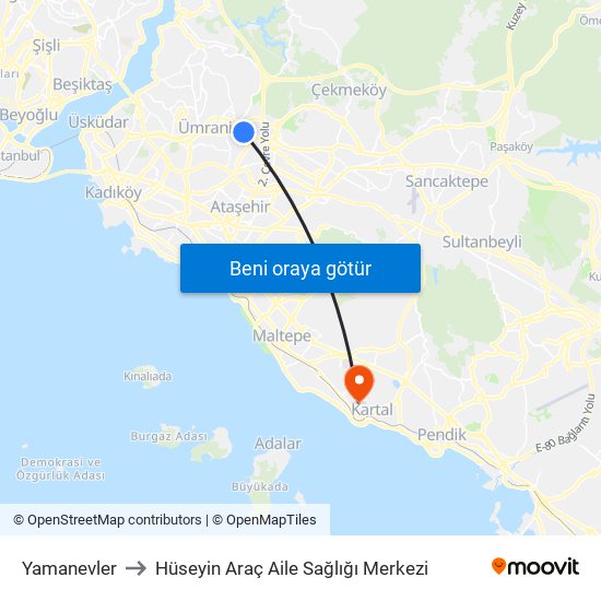 Yamanevler to Hüseyin Araç Aile Sağlığı Merkezi map