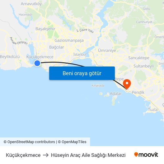 Küçükçekmece to Hüseyin Araç Aile Sağlığı Merkezi map