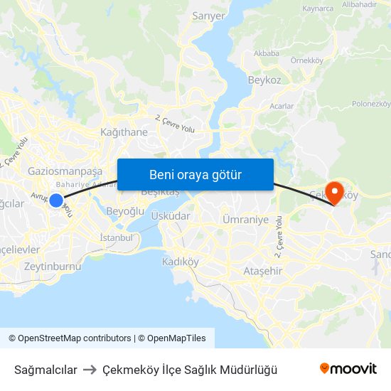 Sağmalcılar to Çekmeköy İlçe Sağlık Müdürlüğü map