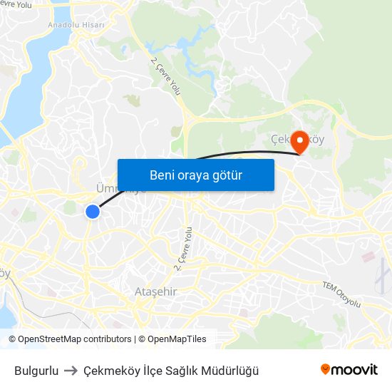 Bulgurlu to Çekmeköy İlçe Sağlık Müdürlüğü map