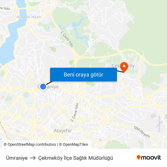 Ümraniye to Çekmeköy İlçe Sağlık Müdürlüğü map