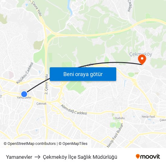 Yamanevler to Çekmeköy İlçe Sağlık Müdürlüğü map