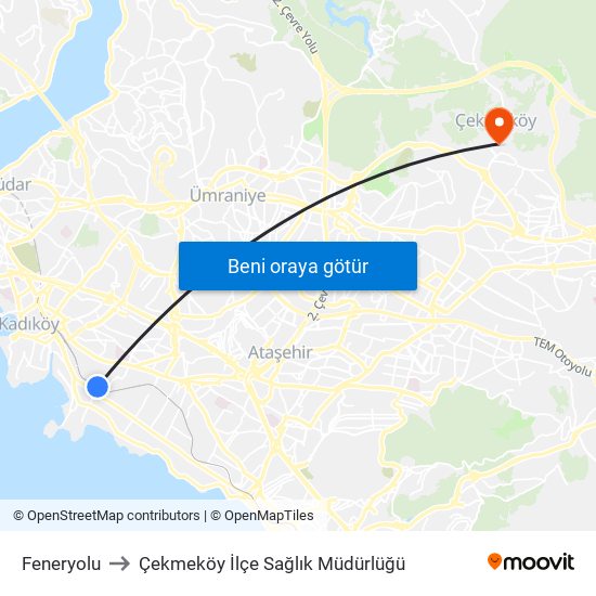 Feneryolu to Çekmeköy İlçe Sağlık Müdürlüğü map