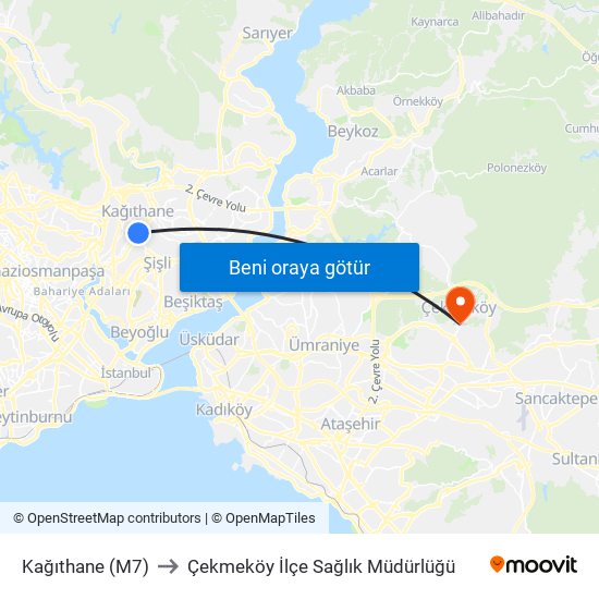 Kağıthane (M7) to Çekmeköy İlçe Sağlık Müdürlüğü map