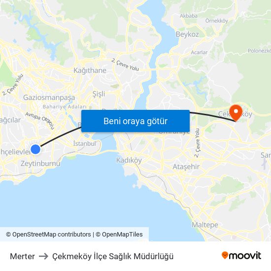 Merter to Çekmeköy İlçe Sağlık Müdürlüğü map