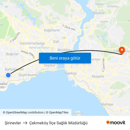 Şirinevler to Çekmeköy İlçe Sağlık Müdürlüğü map