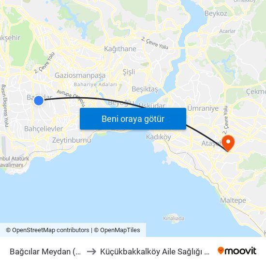 Bağcılar Meydan (M1b) to Küçükbakkalköy Aile Sağlığı Merkezi map