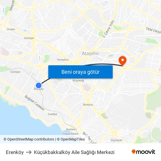 Erenköy to Küçükbakkalköy Aile Sağlığı Merkezi map