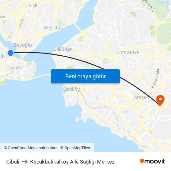 Cibali to Küçükbakkalköy Aile Sağlığı Merkezi map