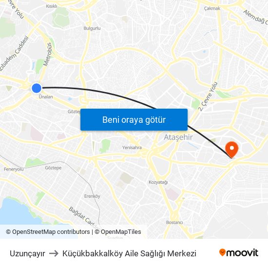 Uzunçayır to Küçükbakkalköy Aile Sağlığı Merkezi map