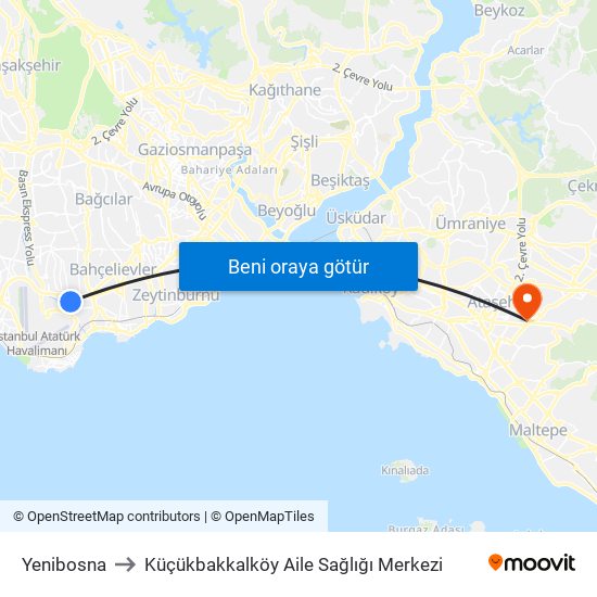 Yenibosna to Küçükbakkalköy Aile Sağlığı Merkezi map