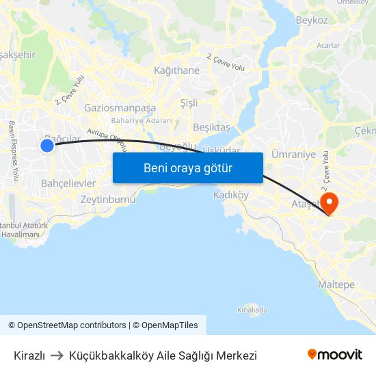 Kirazlı to Küçükbakkalköy Aile Sağlığı Merkezi map