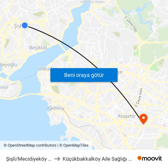 Şişli/Mecidiyeköy (M2) to Küçükbakkalköy Aile Sağlığı Merkezi map