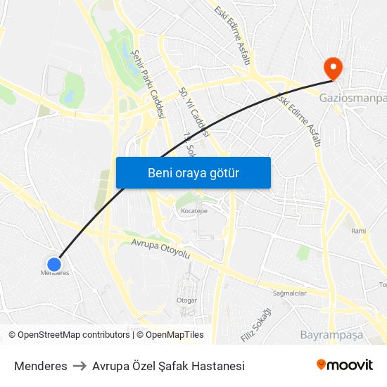 Menderes to Avrupa Özel Şafak Hastanesi map