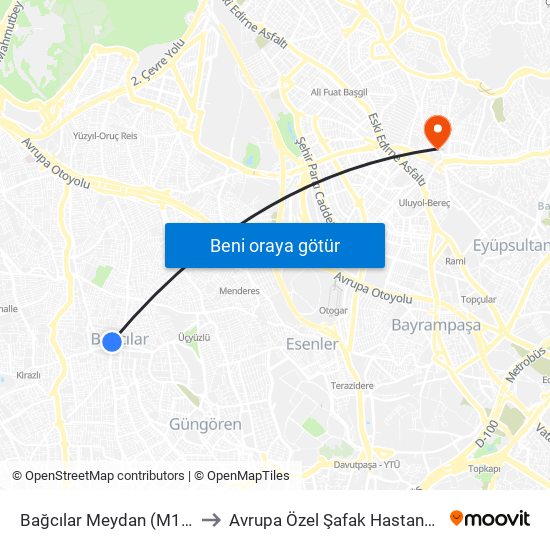 Bağcılar Meydan (M1b) to Avrupa Özel Şafak Hastanesi map