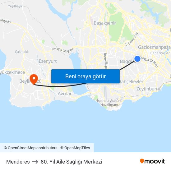 Menderes to 80. Yıl Aile Sağlığı Merkezi map