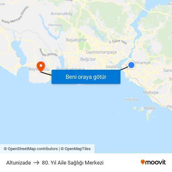 Altunizade to 80. Yıl Aile Sağlığı Merkezi map