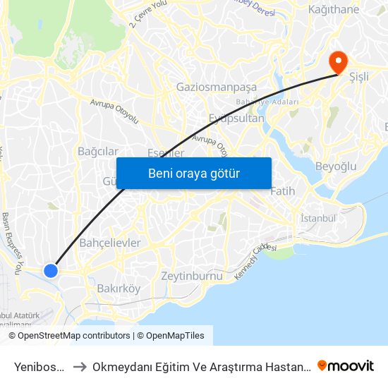 Yenibosna to Okmeydanı Eğitim Ve Araştırma Hastanesi map