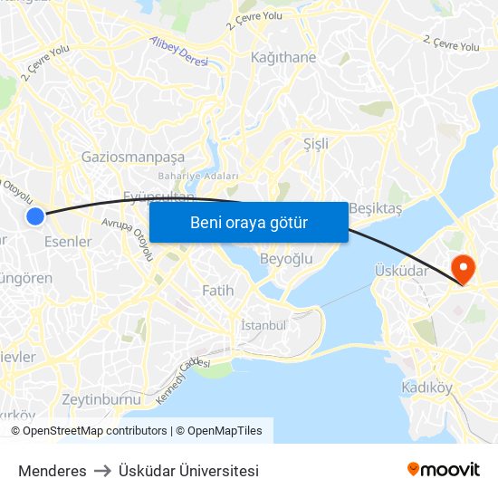 Menderes to Üsküdar Üniversitesi map