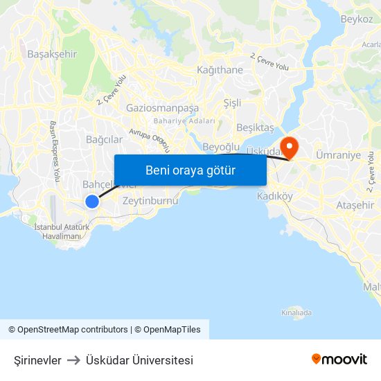 Şirinevler to Üsküdar Üniversitesi map