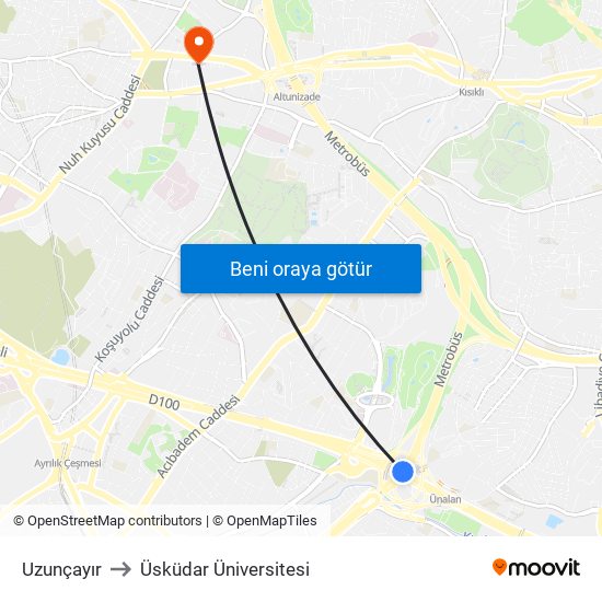 Uzunçayır to Üsküdar Üniversitesi map