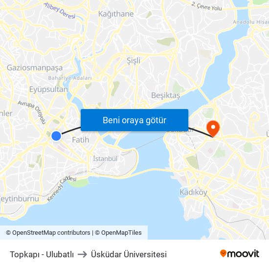 Topkapı - Ulubatlı to Üsküdar Üniversitesi map