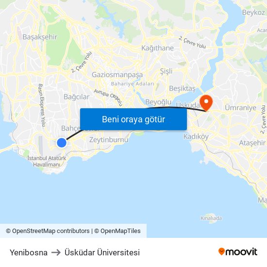 Yenibosna to Üsküdar Üniversitesi map