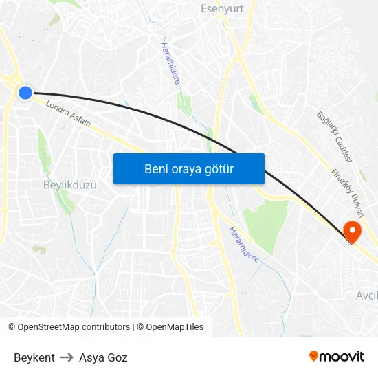 Beykent to Asya Goz map