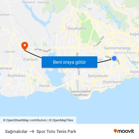 Sağmalcılar to Spor Toto Tenis Park map