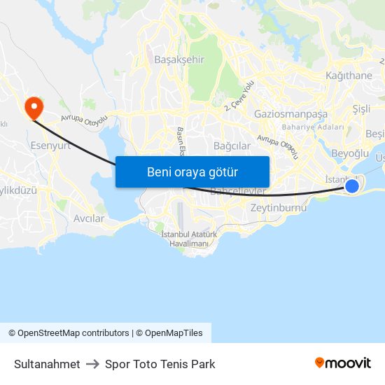 Sultanahmet to Spor Toto Tenis Park map