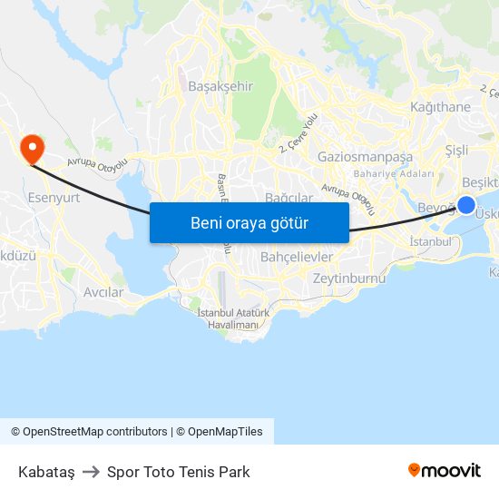 Kabataş to Spor Toto Tenis Park map