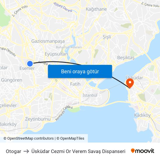 Otogar to Üsküdar Cezmi Or Verem Savaş Dispanseri map