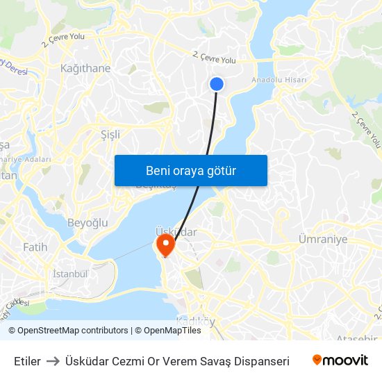 Etiler to Üsküdar Cezmi Or Verem Savaş Dispanseri map