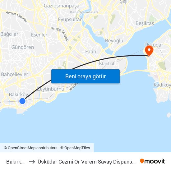 Bakırköy to Üsküdar Cezmi Or Verem Savaş Dispanseri map