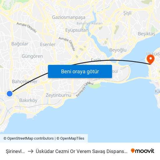 Şirinevler to Üsküdar Cezmi Or Verem Savaş Dispanseri map