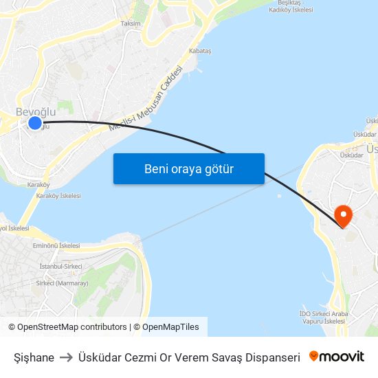 Şişhane to Üsküdar Cezmi Or Verem Savaş Dispanseri map