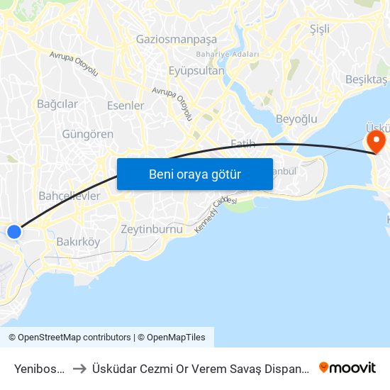 Yenibosna to Üsküdar Cezmi Or Verem Savaş Dispanseri map