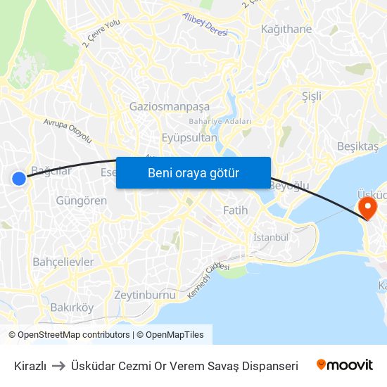 Kirazlı to Üsküdar Cezmi Or Verem Savaş Dispanseri map