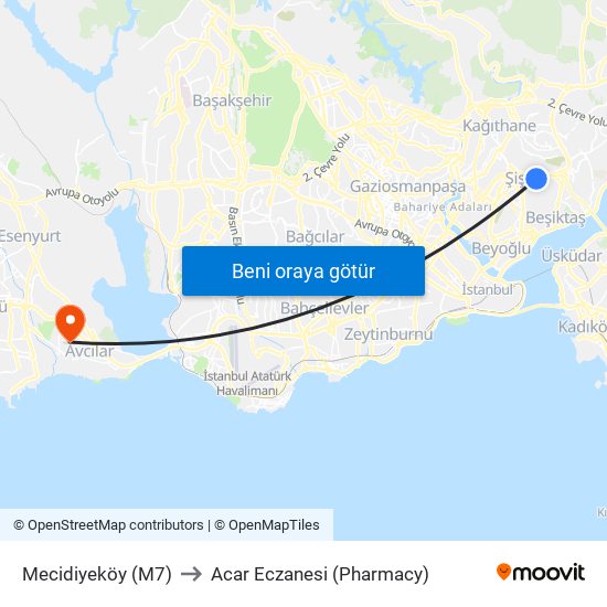 Mecidiyeköy (M7) to Acar Eczanesi (Pharmacy) map