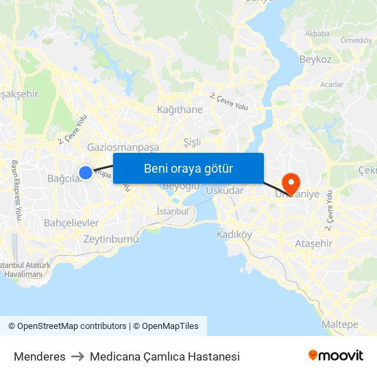 Menderes to Medicana Çamlıca Hastanesi map