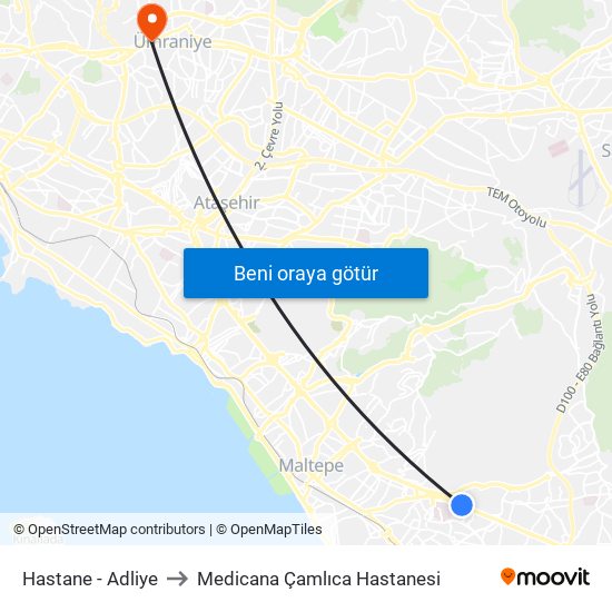 Hastane - Adliye to Medicana Çamlıca Hastanesi map