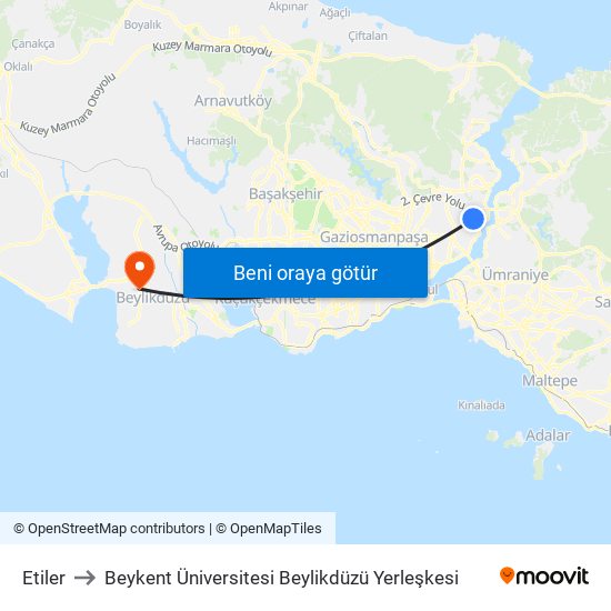 Etiler to Beykent Üniversitesi Beylikdüzü Yerleşkesi map