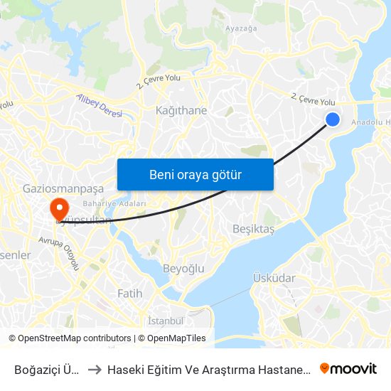 Boğaziçi Üniversitesi to Haseki Eğitim Ve Araştırma Hastanesi Topçular Semt Polikliniği map