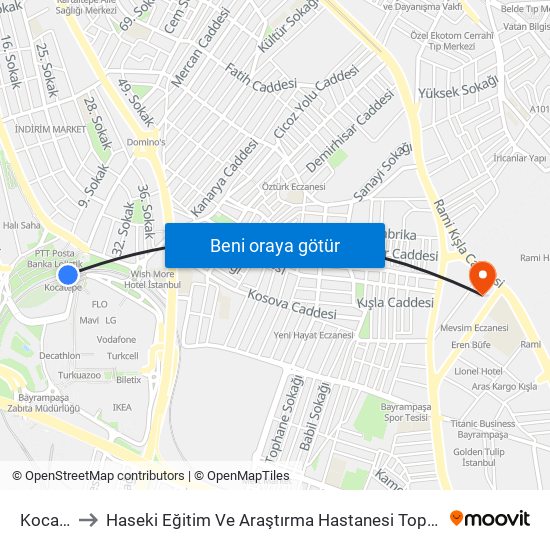 Kocatepe to Haseki Eğitim Ve Araştırma Hastanesi Topçular Semt Polikliniği map