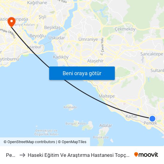 Pendik to Haseki Eğitim Ve Araştırma Hastanesi Topçular Semt Polikliniği map