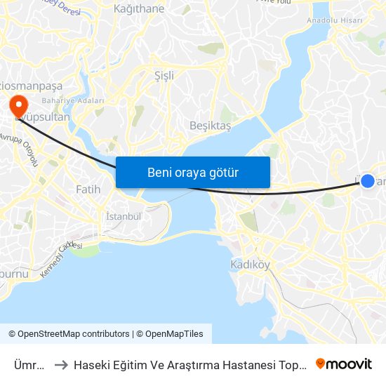 Ümraniye to Haseki Eğitim Ve Araştırma Hastanesi Topçular Semt Polikliniği map