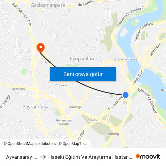 Ayvansaray-Eyüp Sultan to Haseki Eğitim Ve Araştırma Hastanesi Topçular Semt Polikliniği map