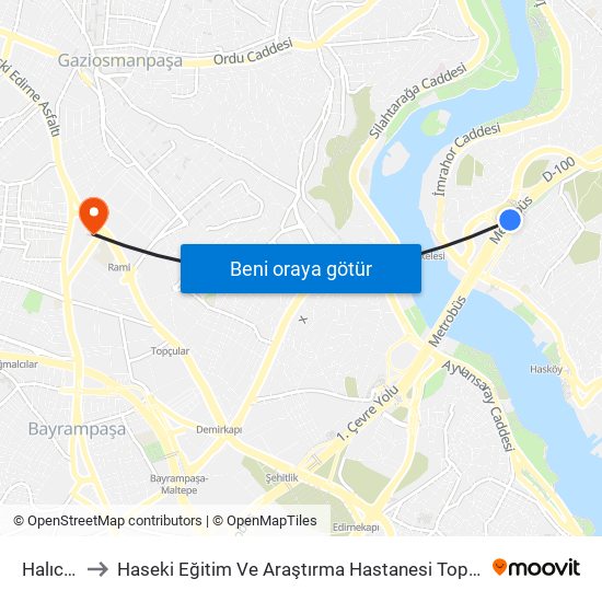 Halıcıoğlu to Haseki Eğitim Ve Araştırma Hastanesi Topçular Semt Polikliniği map